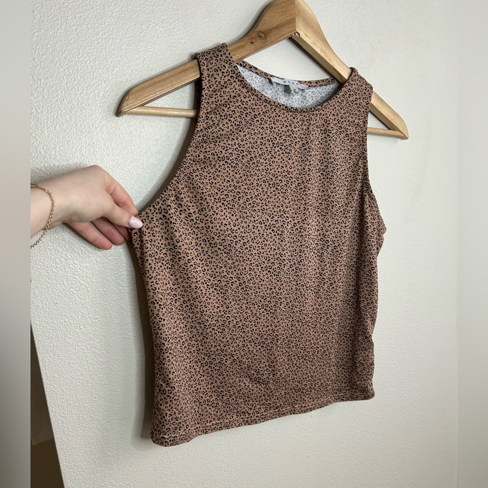 Gaze Cheetah Leopard Animal Print High Neck Crop Tank Top Tan Brown Black Size M - Picture 2 of 4